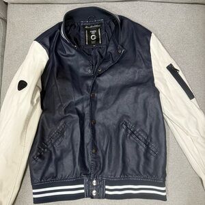 Women's Navy and White Leather Jacket